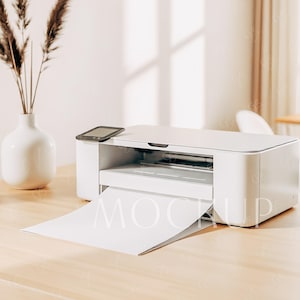 Maquete de impressora branca, maquete de impressora e folha de papel Boho, maquete de impressão de impressora doméstica 8,5 x 11", maquete de impressora de mesa, maquete de página de impressão