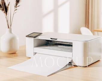 White Printer Mockup, Boho Printer And Paper Sheet Mockup, Home Printer Printing 8.5x11" Mockup, Desk Printer Mockup, Printing Page Mockup