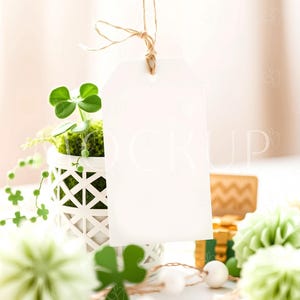 Puede incluir: Una etiqueta de regalo blanca con una cuerda de yute colgando de ella. La etiqueta está en blanco y lista para un mensaje. La etiqueta está colgando sobre una pequeña planta en maceta con hojas verdes. La planta está sentada sobre una superficie blanca con decoraciones verdes y blancas.