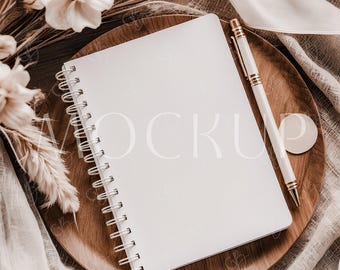 Digital Minimalist Journal Notebook Mockup, White Spiral Notebook Cover Mockup, 6x8  Boho Notebook Mockup, Blank Book Mockup, Planner Mockup