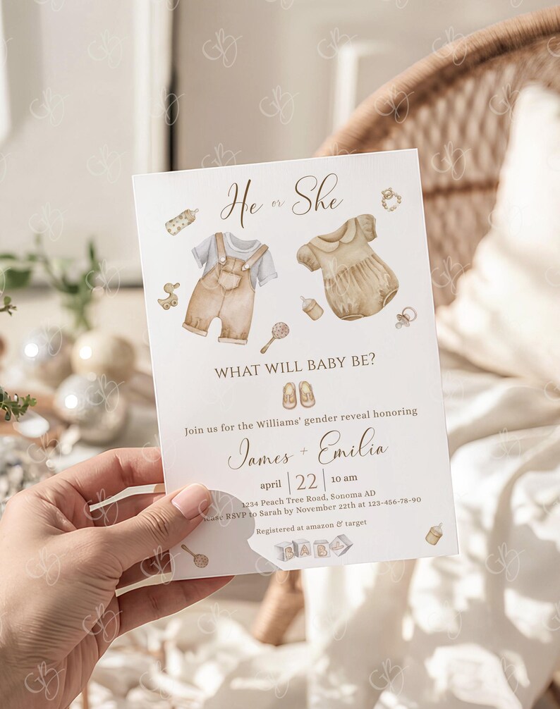 May include: A gender reveal invitation with the text "He or She" and "What will baby be?". The invitation features watercolor illustrations of baby clothes and accessories. The event is for James and Emilia on April 22nd.