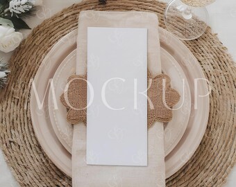 Christmas Menu Mockup, Holiday Dinner Program Smart Object PSD, Winter Boho Wedding Card 4x9 Mock-up for Photoshop Photopea