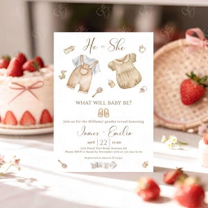 May include: A gender reveal invitation with watercolor illustrations. The invitation features the text "He or She, What Will Baby Be?" and includes baby clothes, a rattle, and the names James and Emilia. The date and time of the event are also included.