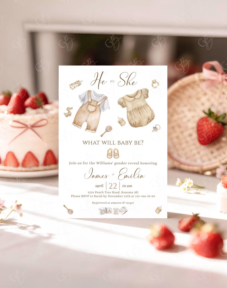 May include: A gender reveal invitation with watercolor illustrations. The invitation features the text "He or She, What Will Baby Be?" and includes baby clothes, a rattle, and the names James and Emilia. The date and time of the event are also included.