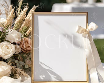 May include: A gold-framed rectangular sign with a white interior, tied with a cream-colored ribbon. The sign is placed on a white surface, next to a bouquet of flowers and pampas grass. The background is blurred, suggesting an outdoor setting.