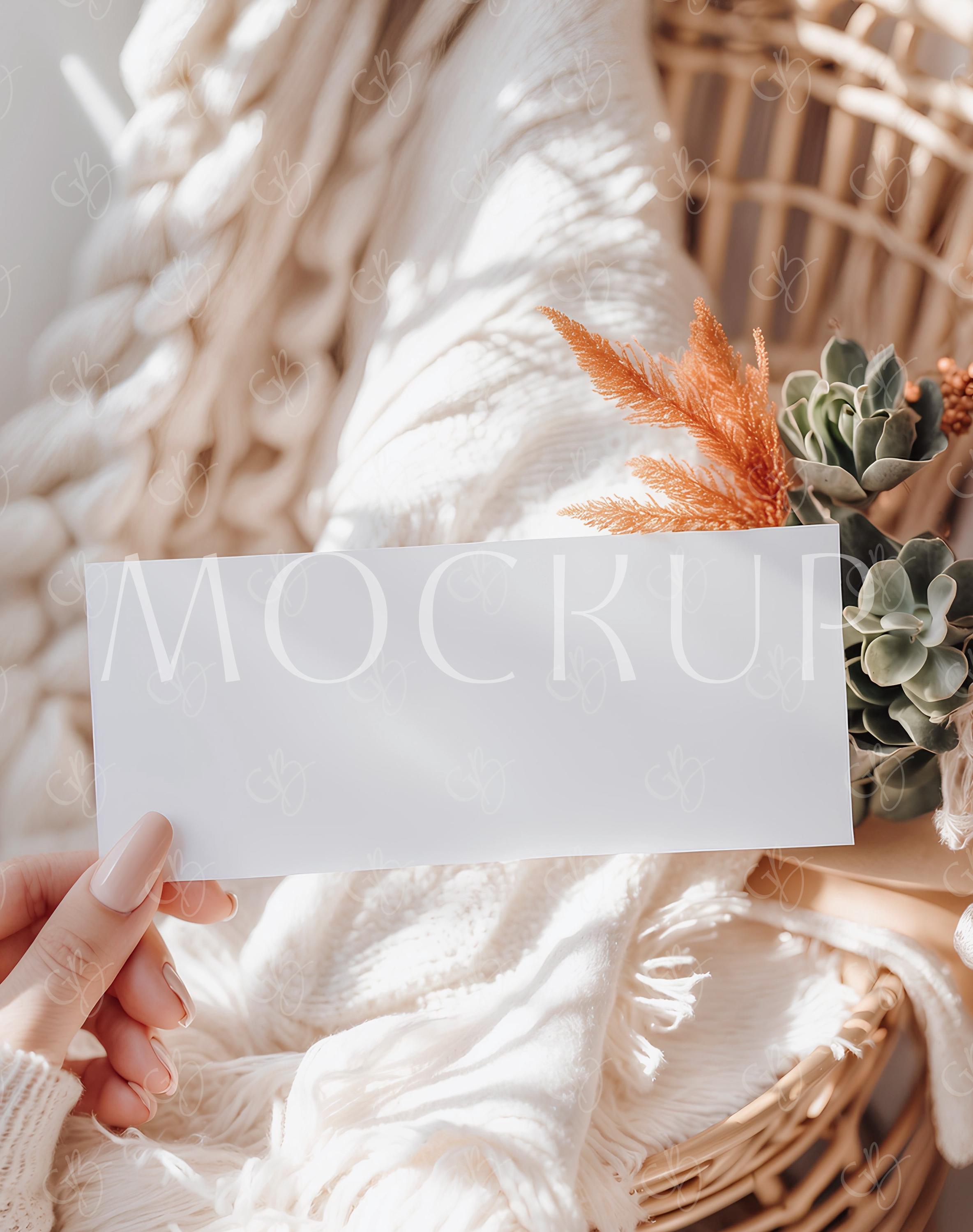 Surprise Boho Gift Voucher Cards Mockup, Gift Certificate Mockup 7x3, Boarding Pass Mockup, Birthday Trip Ticket Mockup, Coupon Code Mockup