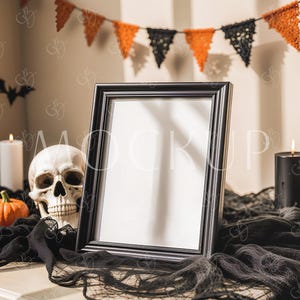 Halloween Party Sign 8x10 Mockup, Skull Spooky Fall Black White Signs Mockup, Vertical Custom Sign Mockup, Guest Book Halloween Boho Mockup