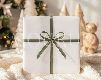 Present Gift Box and Pattern Paper Template, Christmas Wrapping Paper Mockup, Winter Holiday Wrap PSD for Photoshop Photopea