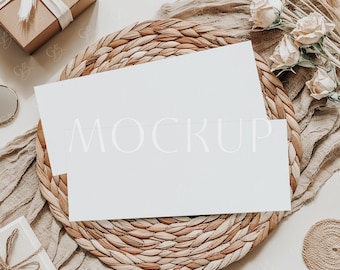 Gift Certificate Mockup 8,5x3,5, Surprise Boho Gift Voucher Cards Mockup PSD, Coupon Code Mockup, Minimalistic Holiday Certificate Mockup