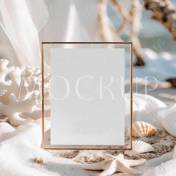 Ocean 8x10 Frame Table Sign Mockup, Beach Wedding Menu Table Sign Mockup, Summer Tabletop Sign Mockup, Coastal Table Number Sign Card Mockup