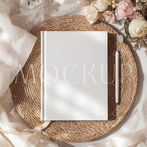 Puede incluir: Un libro blanco con la palabra "MOCKUP" apenas visible, colocado sobre un salvamanteles tejido. Un bolígrafo blanco está junto al libro. La escena está adornada con flores y tela drapeada, creando una estética suave y neutra.