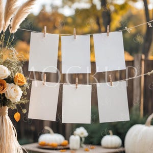 Mockup bannerkaart, set van zes kaarten van 5 x 7, pompoenen babyshower maandelijkse fotobanner, boho herfst bruiloft stoelindeling mockup