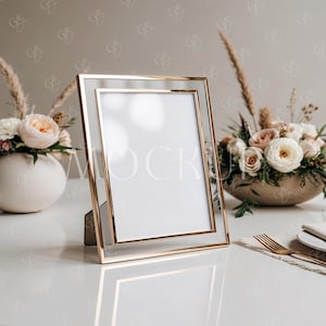 Wedding Sign Mockup 8x10, Dining Table Sign Mockup, Boho Modern Gold Frame Mockup, Menu Mockup, Tabletop Bar Mockup PSD, Table Number Mockup