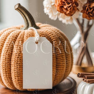 May include: A knitted orange pumpkin with a blank tag hangs from its stem. The pumpkin sits on a wooden tray, with a vase of orange and white flowers in the background. Cinnamon sticks and a small white pumpkin are also visible.