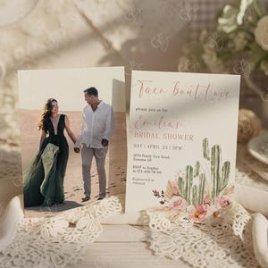 K&ouml;nnte beinhalten: Eine Einladung zur Brautparty mit dem Text "Taco Bout Love" und Details f&uuml;r Emilias Brautparty. Die Einladung zeigt ein Foto eines Paares und ein Aquarell-Kaktus- und Blumendesign.