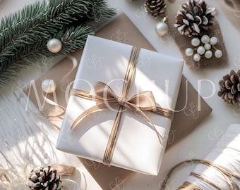 Present Gift Box and Pattern Paper Template, Christmas Wrapping Paper Mockup, Winter Holiday Wrap PSD for Photoshop Photopea