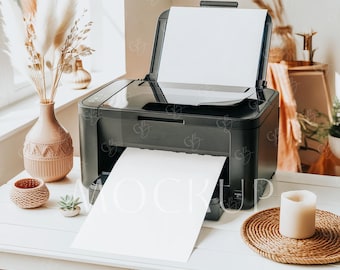 Black Printer Mockup, Bohemian Home Printer Page Mockup, Printer and Sheet Mockup PSD, Minimalistic Home Printer Mockup, Desk Printer Mockup