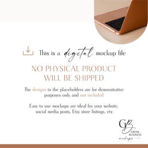 May include: A digital mockup file with text that reads "NO PHYSICAL PRODUCT WILL BE SHIPPED." The image includes a laptop and text that says "Easy to use mockups are ideal for your website, social media posts, Etsy store listings, ets."