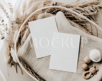 Gender Neutral Baby Shower Mockup, Boho Baby Shower Invite Card Mockup, Children Birthday Party Invite Mockup, Invite And Insert Card Mockup