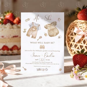 May include: A baby shower invitation with the text "He or She" and "What will baby be?" The invitation features watercolor illustrations of baby clothes and accessories. The invitation also includes the names James and Emilia, and event details.