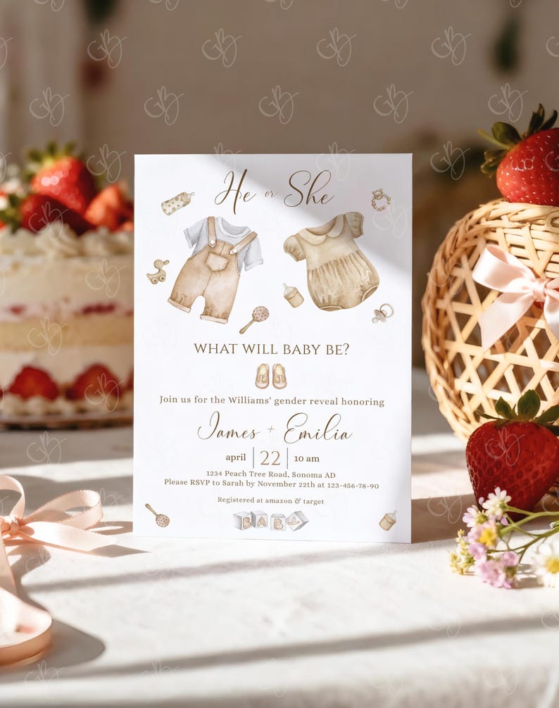 May include: A baby shower invitation with the text "He or She" and "What will baby be?" The invitation features watercolor illustrations of baby clothes and accessories. The invitation also includes the names James and Emilia, and event details.