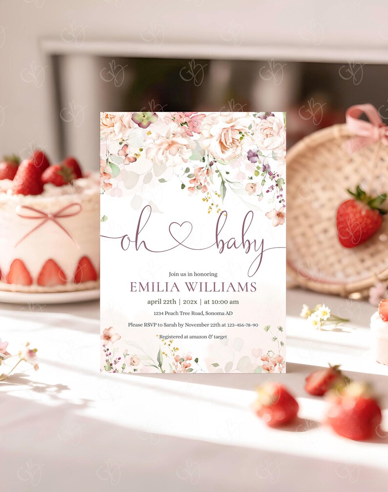 Strawberries Invite 5x7 Mockup, Berry Sweet Birthday Card Template, Strawberry Baby Shower Invitation Mock-up image 4
