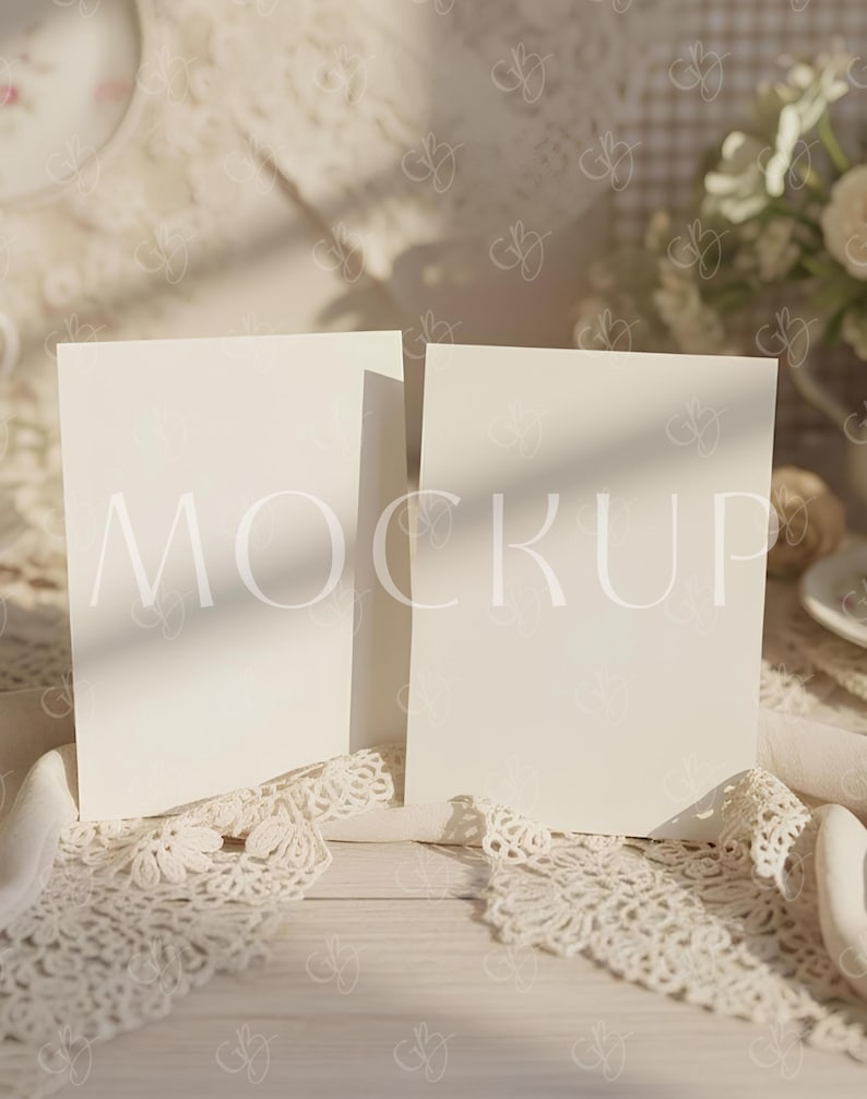 K&ouml;nnte beinhalten: Zwei leere, cremefarbene quadratische Karten mit dem Aufdruck "MOCKUP" auf einer wei&szlig;en Holzoberfl&auml;che. Die Karten sind von Spitze und weichem Licht umgeben, ideal f&uuml;r eine Mockup-Pr&auml;sentation von Schreibwaren oder Einladungen.