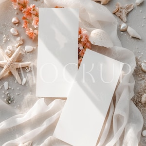 Dinerprogramma kustmenu mockup, oceaan bruiloftsmenu mockup 4 x 9, menu dubbele kaart mockup, strand bruiloftsmenu mockup, zomermenu mockup
