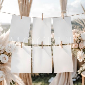 Slingerbannerset zes kaarten van 5 x 7, mockup voor maandelijkse fotobanner, mockup voor boho-bruiloft stoelen, mockup voor hangende kaarten, mockup voor vlaggen, PSD-vlag