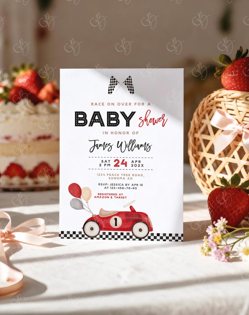 May include: A baby shower invitation with a race car theme. The invitation features the text "Race on over for a Baby Shower" and details for the event. A red race car with the number 1 is at the bottom, with balloons.