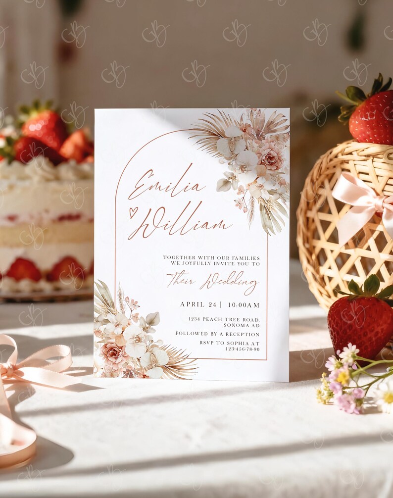 May include: A wedding invitation with the names "Emilia & William" in elegant script, framed by a copper arch and floral arrangements. The invitation includes the wedding date, time, and location, with a soft, romantic aesthetic.