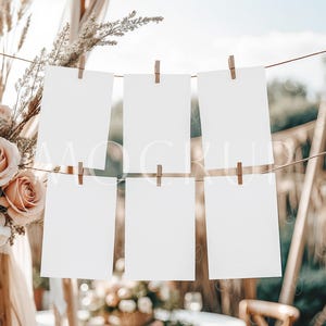 Maandelijkse fotobannerset zes mockup van 5 x 7, kaartmodel met slingerbanner, boho-huwelijkstafelmodel, mockup met hangende kaart, mockup met vlag, PSD-vlag