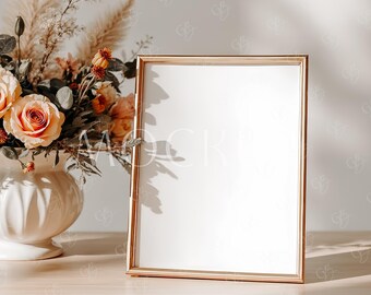 Boho Tabletop Sign Mockup, 8x10 Frame Table Sign Mockup, Wedding Table Sign Mockup, Table Number Signage Card Mockup, Gold Frame Menu Mockup