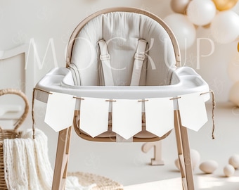 Baby First Birthday Highchair Banner Mockup, One Birthday Garland Mockup, Boho 1st Birthday Banner Card Mockup, Realistic One Banner Mockup