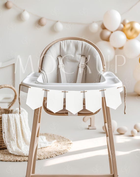 Baby First Birthday Highchair Banner Mockup, One Birthday Garland Mockup, Boho 1st Birthday Banner Card Mockup, Realistic One Banner Mockup