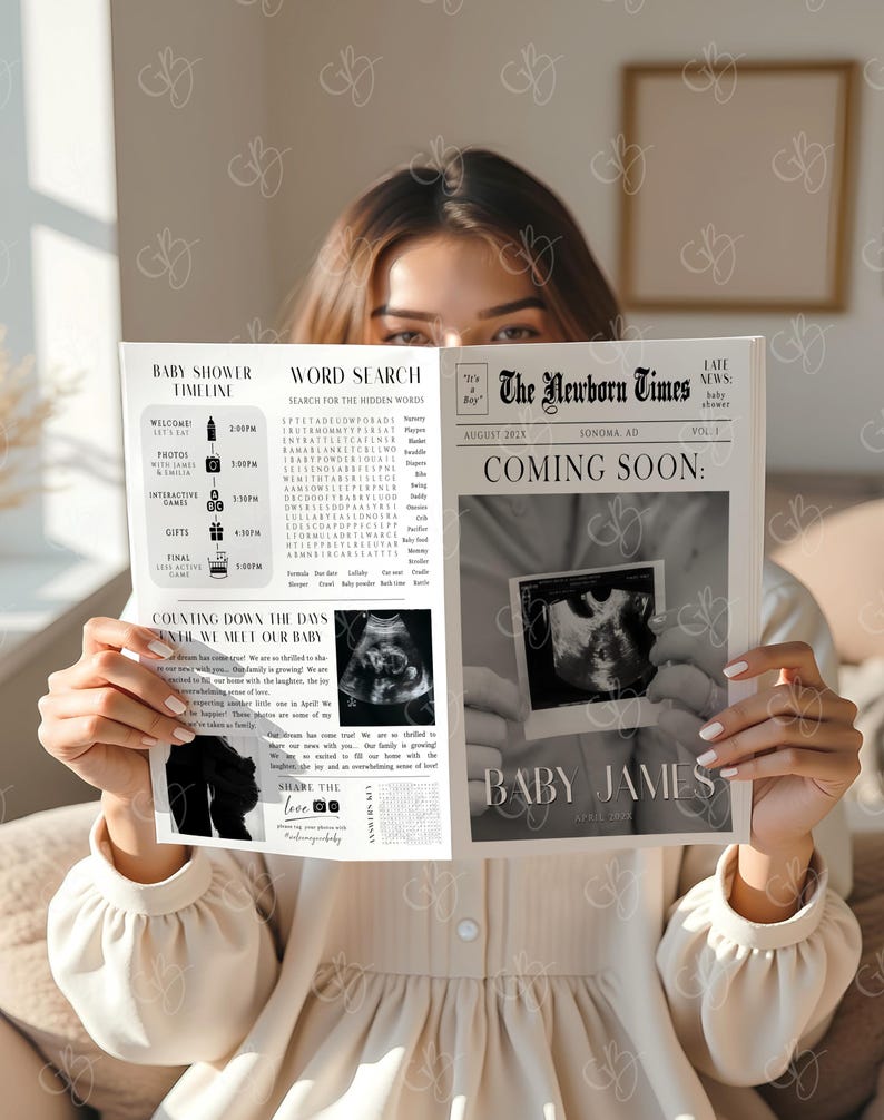 May include: A person holding a newspaper announcing "The Newborn Times" with the headline "Coming Soon." The newspaper includes a baby shower timeline, word search, and sonogram images. The newspaper is in black and white.