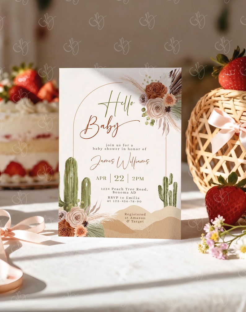 May include: A baby shower invitation with a desert theme. The invitation features the text "Hello Baby" in elegant script, along with details for the event. The design includes watercolor cacti, floral accents, and a desert landscape.