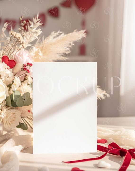 Minimalistic Valentine Invite Mockup, Love 5x7 Card Template, Valentine's Day Greeting Invitation Mock-up, Romantic PostCard PSD