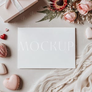 Mockup di biglietto d&#39;auguri romantico 7x5, mockup di biglietto d&#39;invito per feste, mockup di biglietto di San Valentino, mockup di biglietto accogliente, mockup di invito per San Valentino