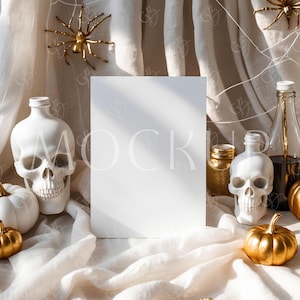 Maqueta de invitación para fiesta de Halloween, maqueta de tarjeta vertical blanca de 5x7, maqueta de invitación de cumpleaños con calaveras espeluznantes, maqueta de invitación para baby shower con arañas