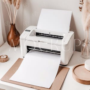 Maquete de impressora branca, maquete de página de impressão de impressora de mesa minimalista, maquete de folha de papel de impressora Boho, maquete de carta em branco para impressão de impressora