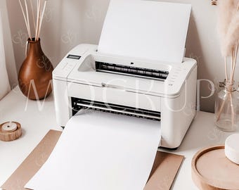 White Printer Mockup, Minimalistic Desk Printer Printing Page Mockup, Boho Printer Paper Sheet Mockup, Printer Printing Blank Letter Mockup