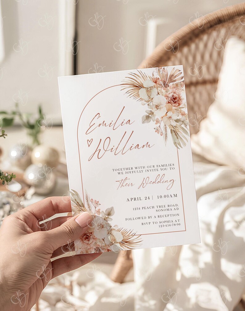 May include: Wedding invitation with floral and botanical design. The invitation features the names "Emilia & William" in a delicate script, along with event details. The design includes a floral arrangement with soft, neutral tones and the text "Their Wedding".