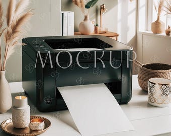 Minimalistic Printer and Sheet Mockup PSD, Bohemian Home Printer Page Mockup, Digital Download Black Printer Mockup, Desk Printer Mockup
