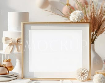 May include: A gold framed mockup with the word "MOCKUP" in white. The frame is on a white tablecloth, with a white cake, decorative elements, and a vase with dried flowers. The scene is bright and airy.