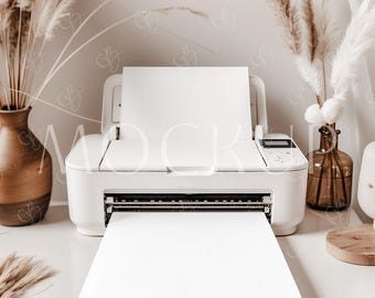 White Printer Mockup, Minimalistic Desk Printer Printing Page Mockup, Boho Printer Paper Sheet Mockup, Printer Printing Blank Letter Mockup