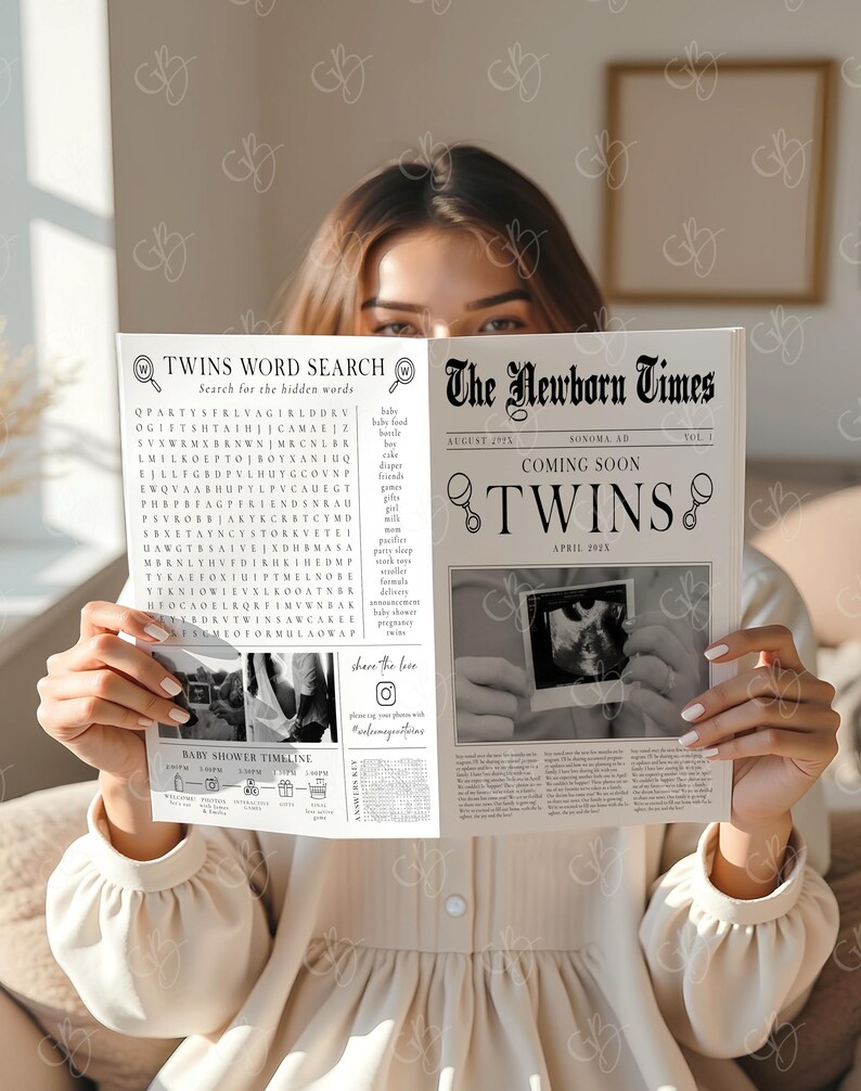 May include: A person holding a newspaper titled "The Newborn Times" announcing "Coming Soon TWINS." The newspaper includes a word search puzzle and a sonogram image. The paper is cream-colored with black text and illustrations.