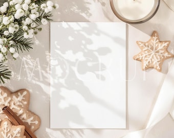 Christmas Boho Invitation Mockup PSD, Bohemian New Year Invitation Cozy Card Mockup, Postcard Holiday Mockup, Xmas Greeting Card Mockup 5x7