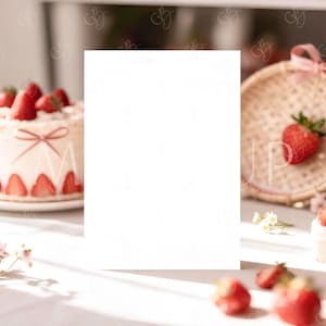 May include: A blank white card is the focal point, surrounded by a strawberry cake, fresh strawberries, and a woven basket. The scene is bathed in soft sunlight, creating a bright and airy aesthetic. The cake is decorated with strawberries and a pink ribbon.