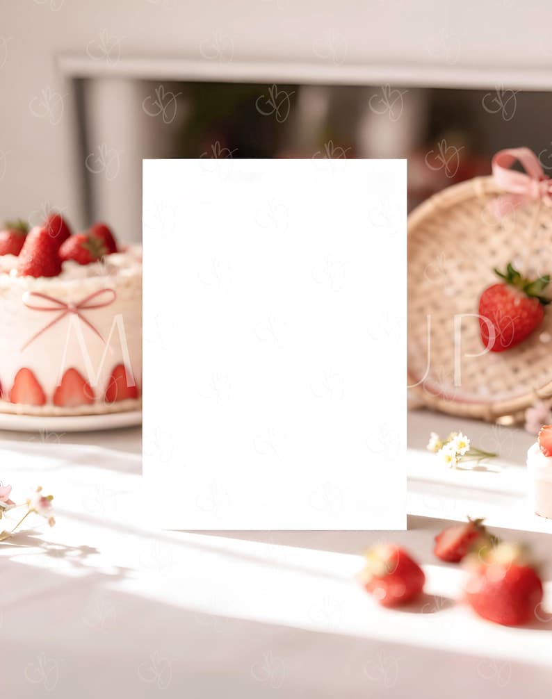 May include: A blank white card is the focal point, surrounded by a strawberry cake, fresh strawberries, and a woven basket. The scene is bathed in soft sunlight, creating a bright and airy aesthetic. The cake is decorated with strawberries and a pink ribbon.